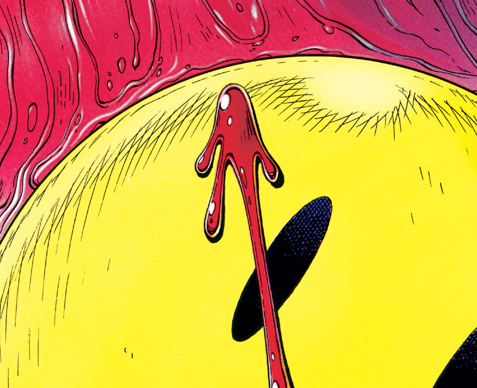 A drop of blood on the Watchmen smiley face logo