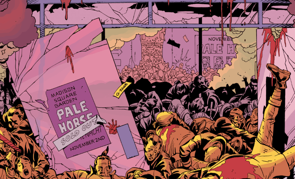 An image from Watchmen graphic novel - dead bodies at the Pale Horse concert