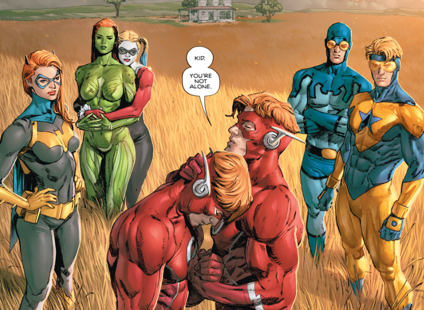 Flash consoles himself as Harley Quinn, Poison Ivy and Booster Gold watch on