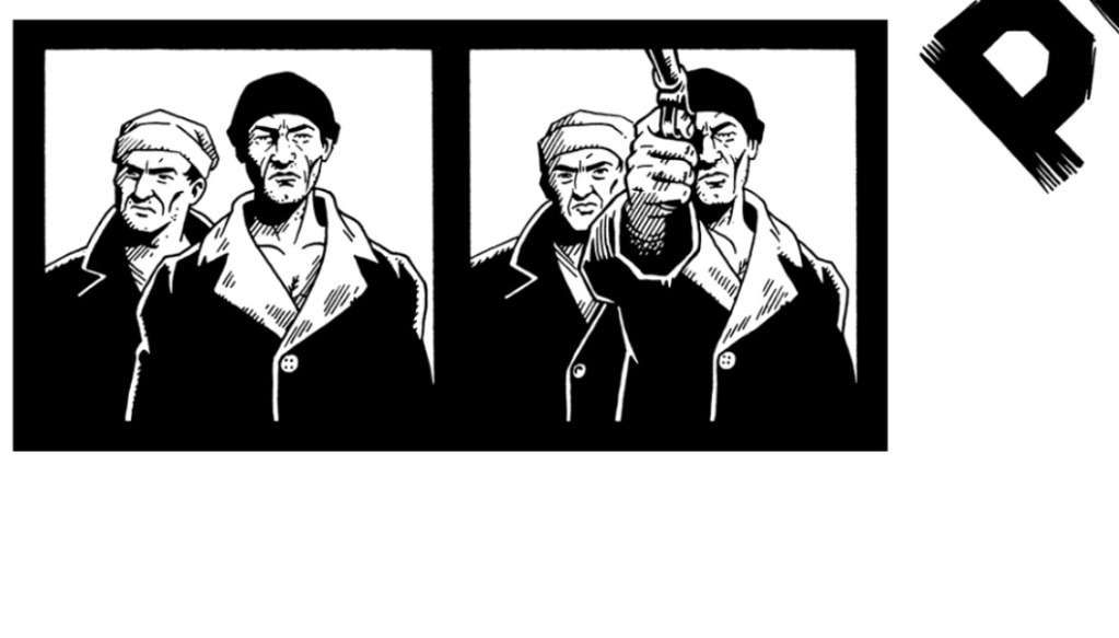 Two men in hats and coats are shown in two black and white panels facing the reader. In the second panel, one pulls a gun and fires. A single letter P is angled in the corner of the page.
