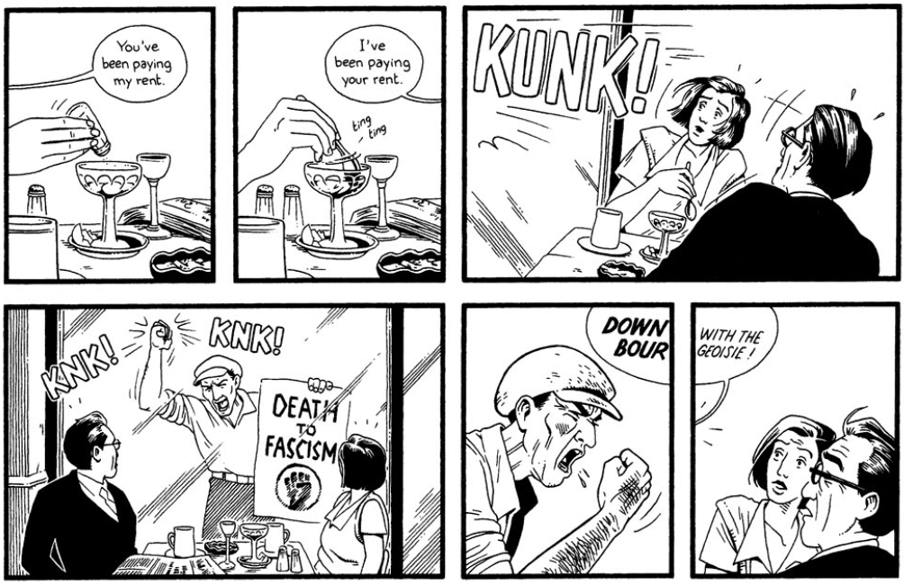 Six black and white panels from the graphic novel Berlin. A communist bangs on a window of a cafe while protesting, startling the couple inside.
