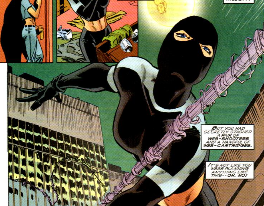 Mayday Parker swings into action as Spider-girl in her first black and white costume.