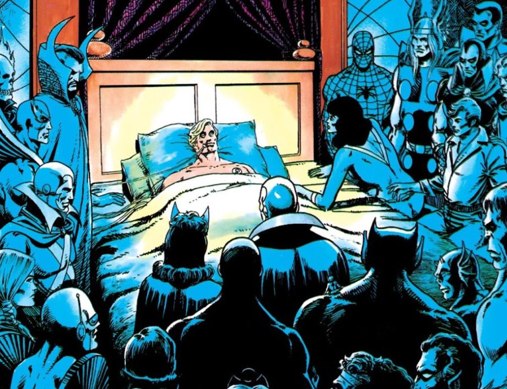 Heroes gather around a dying Captain Marvel