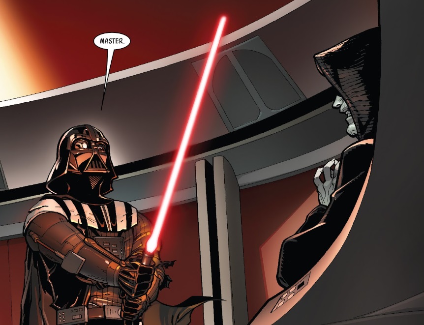 Darth Vader shows his new red light saber to the Emperor