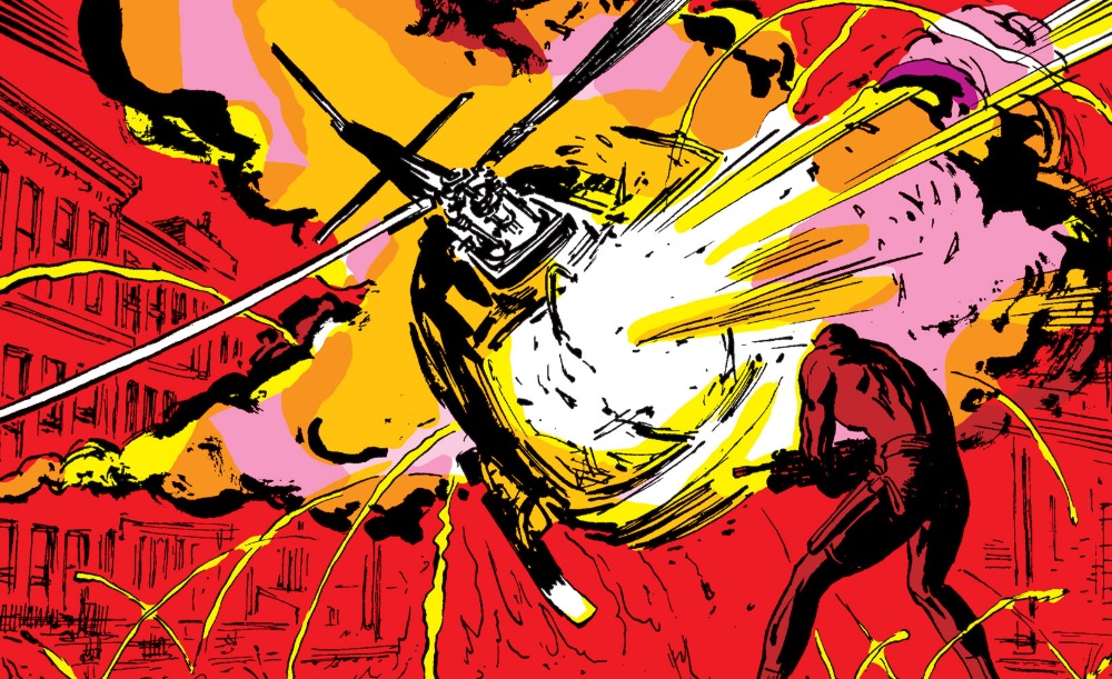 Daredevil shoots down a helicopter, causing it to explode.