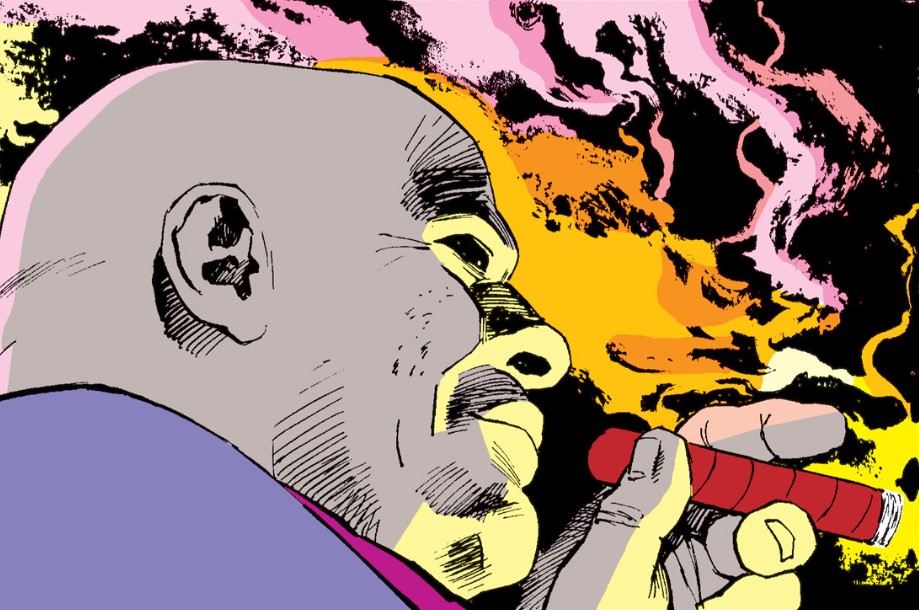 Profile of Kingpin smoking a cigar whilst smiling