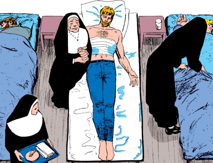 Matt Murdock lies injured, bandages across his midriff, in a Christ-like pose. A nun holds his hand.