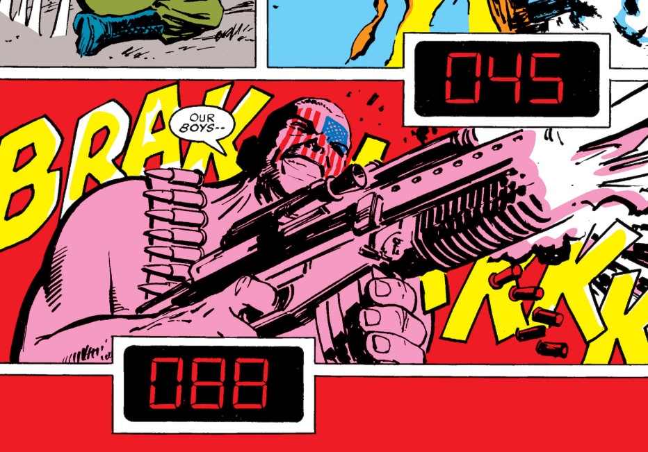 Nuke fires his gun, which counts the number of his kills, going rapidly from 45 to 88 deaths.