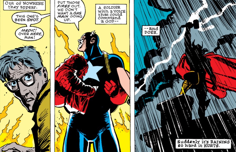 Ben Urich sees the Avengers arrive, as Captain America picks up and injured Glorianna and a silhouette of Thor summons a storm.