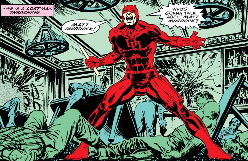 Daredevil aggressively stands in the middle of a wrecked bar, with knocked out men everywhere. Daredevil is all in red, but the rest of the scene is a light green.