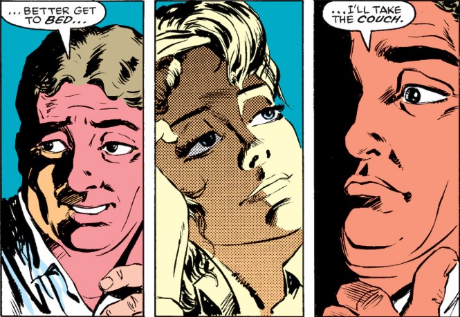 Three panels divided with Foggy in the first and third, Glori in the second. Foggy makes his excuses to sleep elsewhere, despite their feelings for each other.