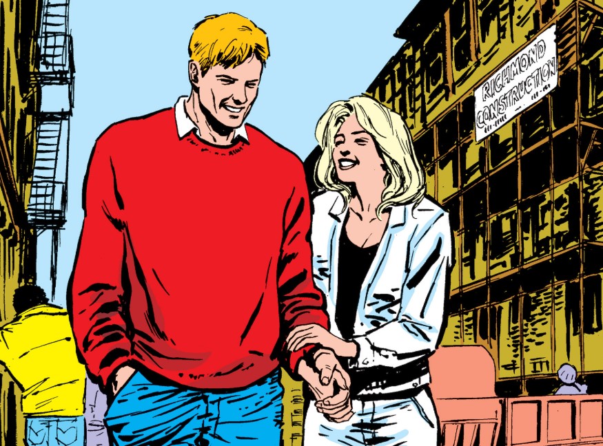 A smiling Matt Murdock and Karen Page walk hand in hand through New York