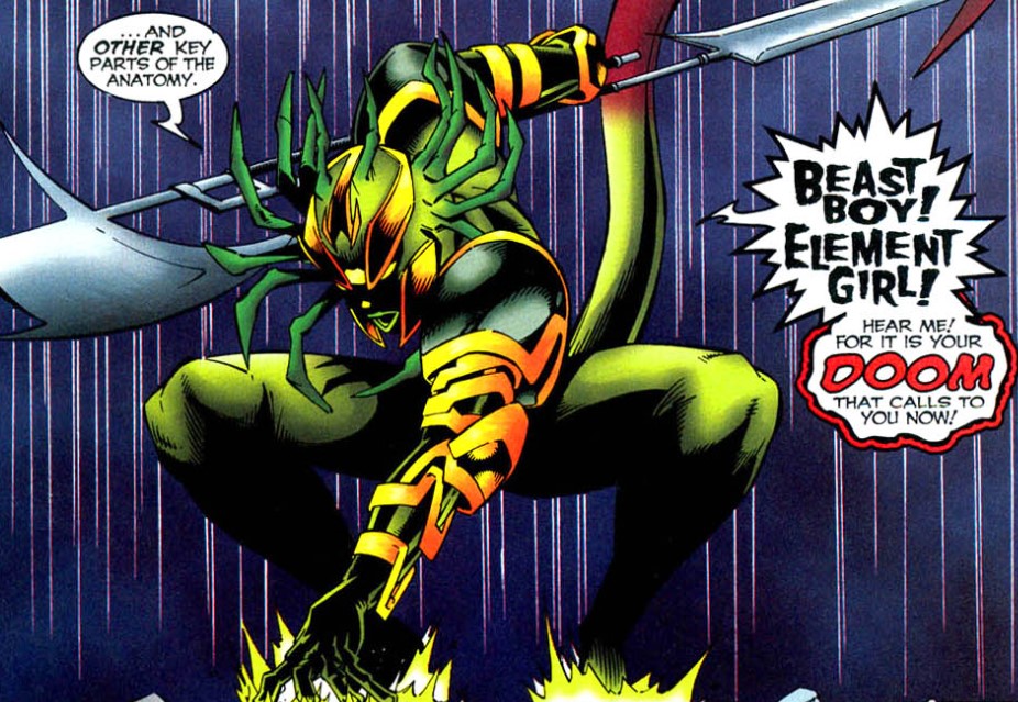 Earth-9's Wonder Woman lands from a jump, armed with a Bahtarang