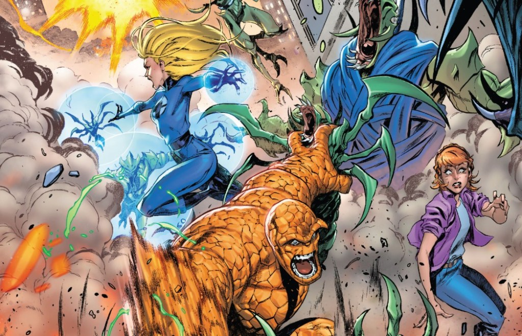 Alicia, The Thing, and Invisible Woman battle Annihilus's hordes