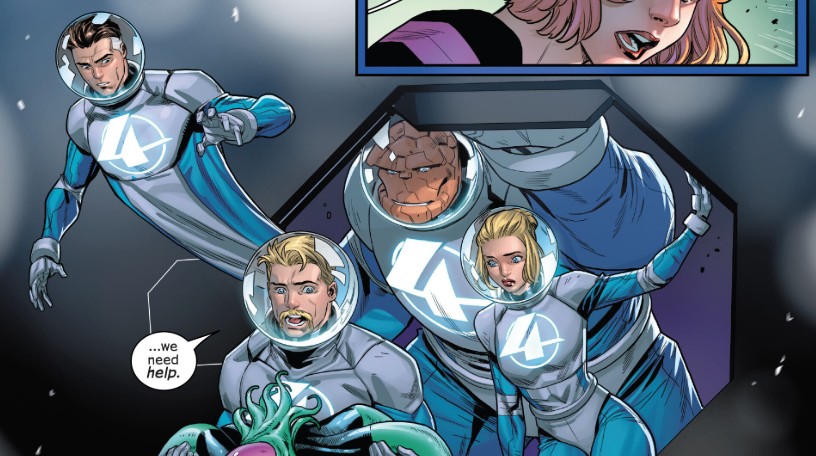 The Fantastic Four exit a spaceship