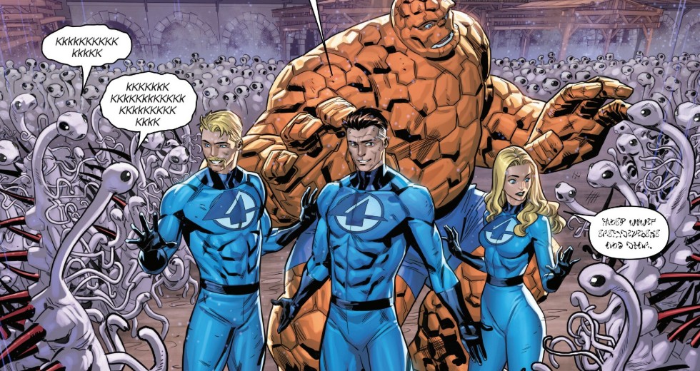 The Fantastic Four are surrounded by aliens and are trying to communicate with them. The Fantastic Four's speech bubbles are indecipherable