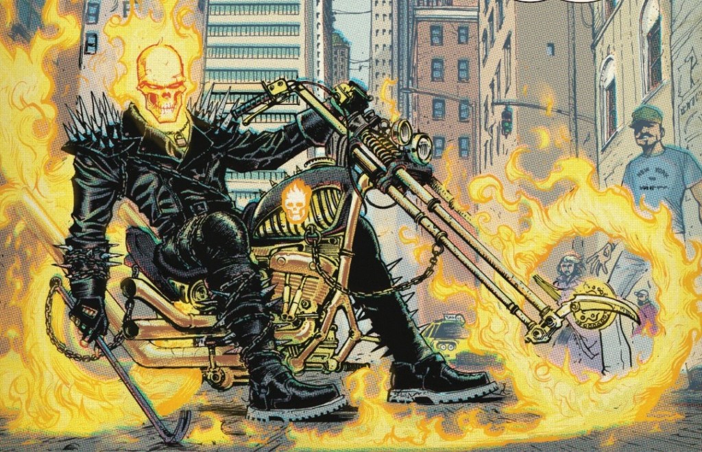 Ghost Rider on his motorbike in 1970s New York, art by Juan Ferrerya