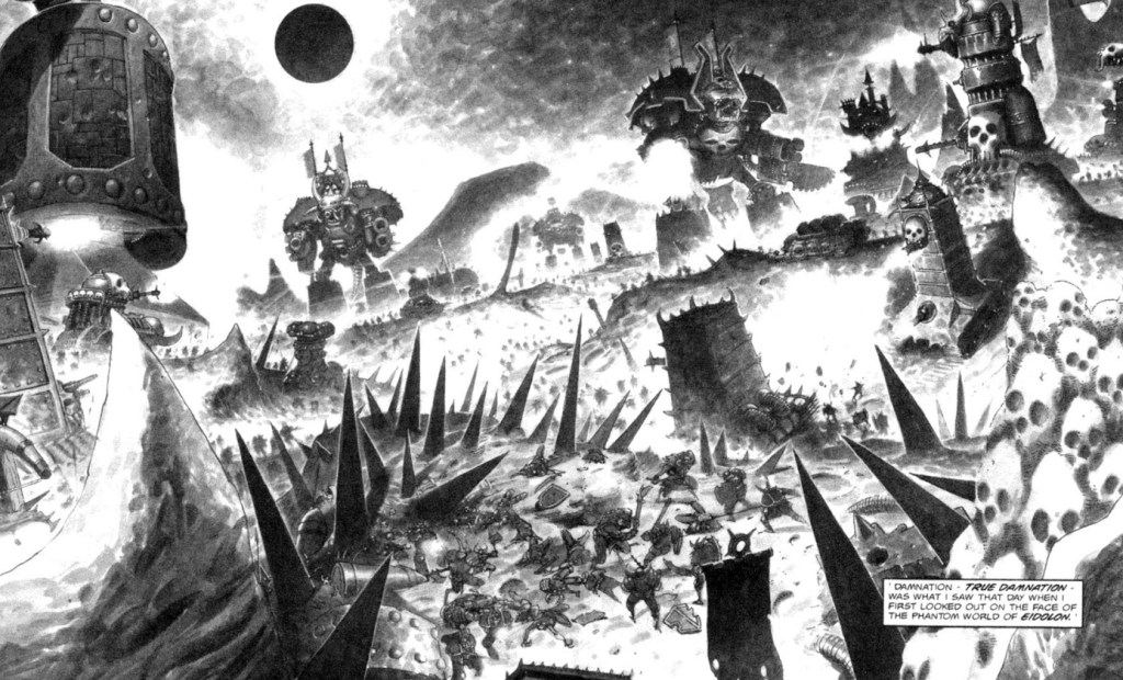 An unending battle on Eidolon between different Chaos factions. Chaos warriors fight with daemons and titans on a battlefield of spikes and skulls