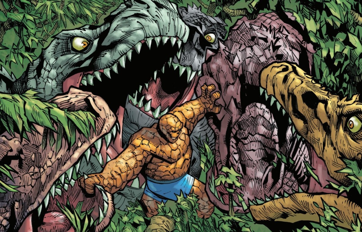 The Thing, Ben Grimm, battles 5 t-rex.