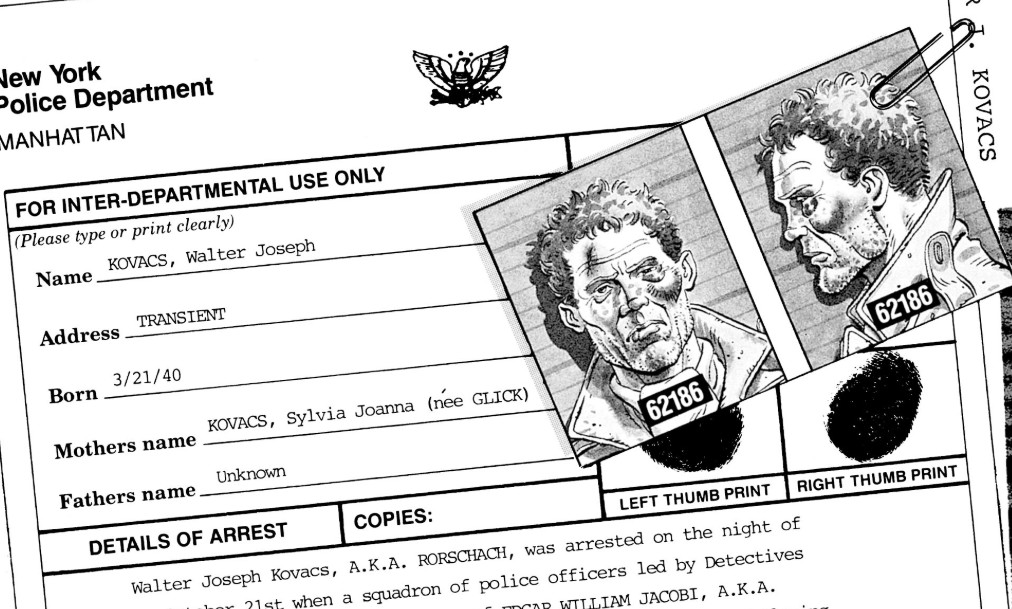 Arrest report for Rorschach, Walter Kovacs. His mug shots show him swollen and bruised from fighting.