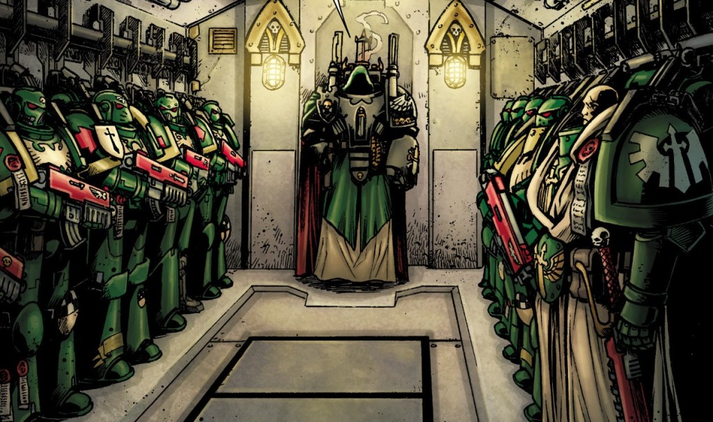 Dark Angels on a drop ship being addressed by the Interrogator-Chaplain