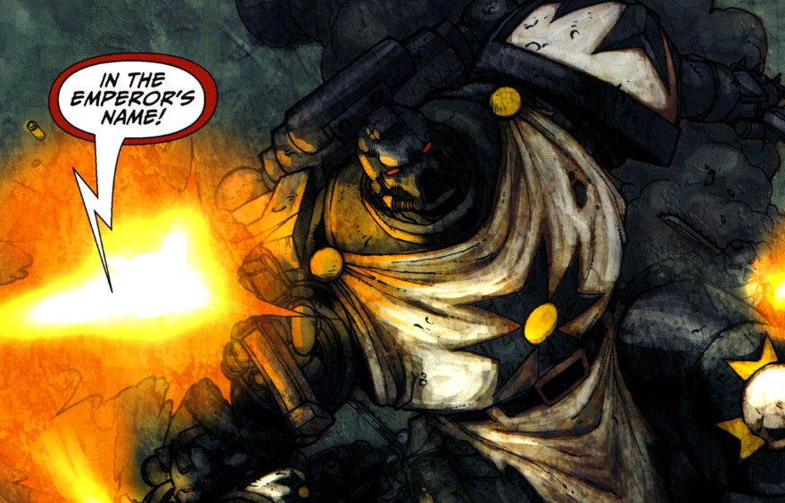 The Black Templar Space Marines run in battle firing bolters