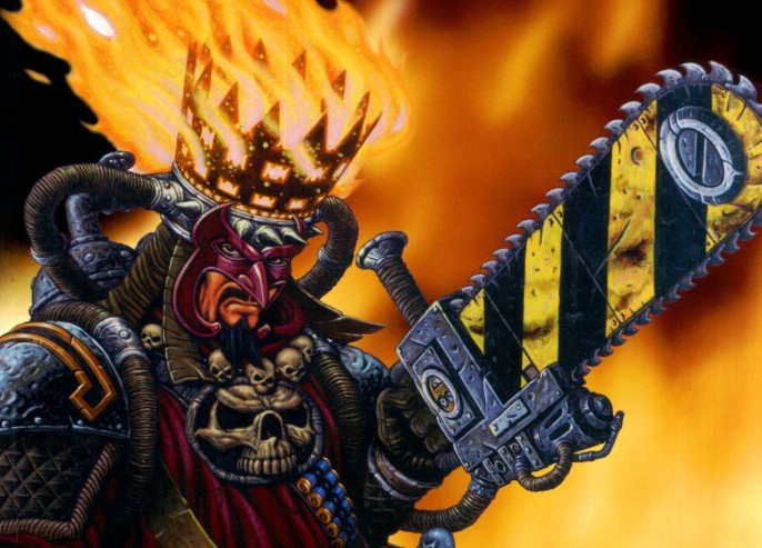 Klovis the Redeemer, armed with chainsword in front of blurred fire background