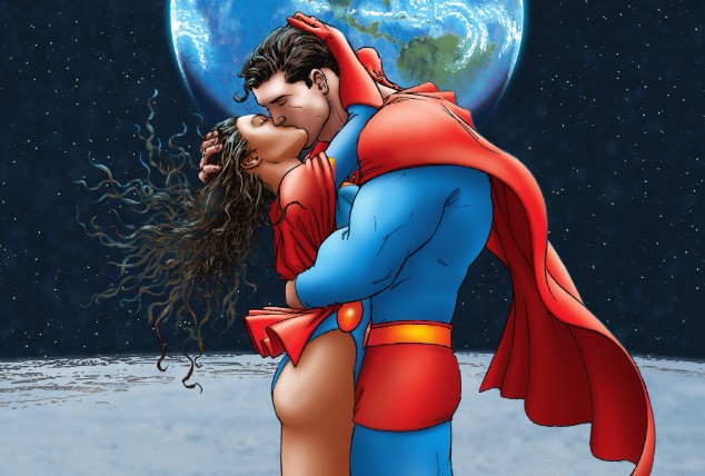 Lois Lane and Superman kiss on the surface of the moon, the Earth in the background.