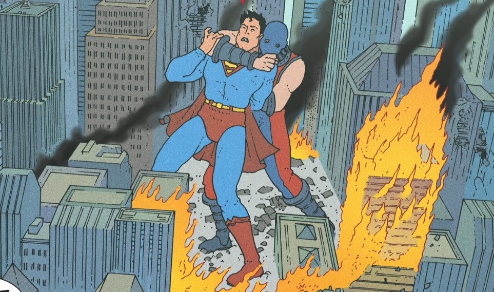 Atom Smasher has Superman in an arm lock.