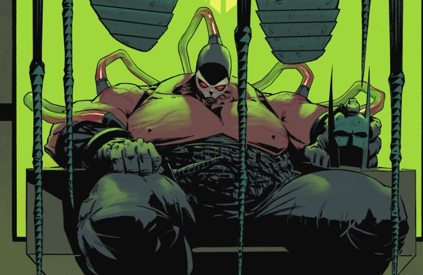Bane sits on a throne holding Batman's cowl in one hand