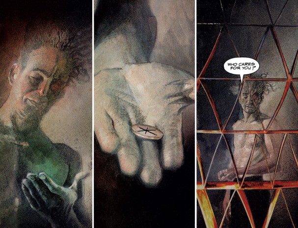 Two-Face swaps the tarot deck back for his coin in Grant Morrison's Arkham Asylum.