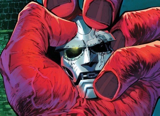 Red Hulk holds Doctor Doom's mask in one hand