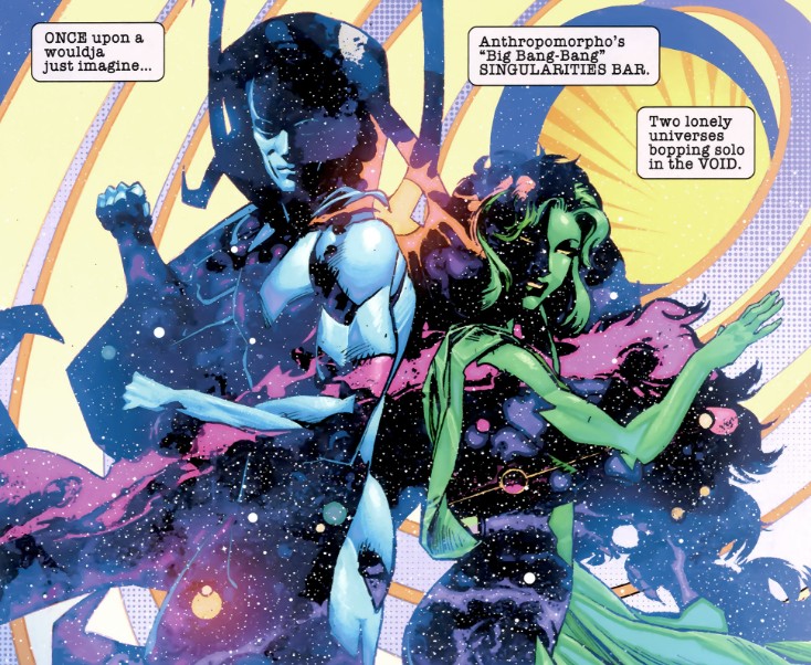 Personified versions of DC's Universe and Marvel's Universe stand back to back