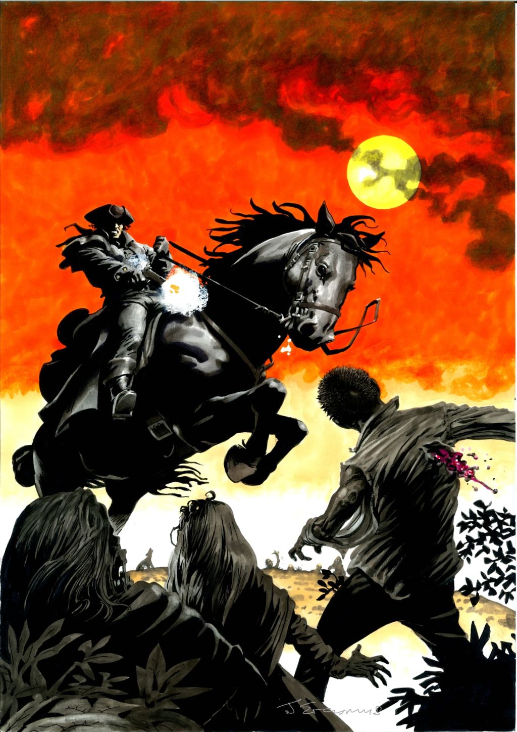 Dick Turpin on horseback shooting a a zombie, artwork by John Erasmus