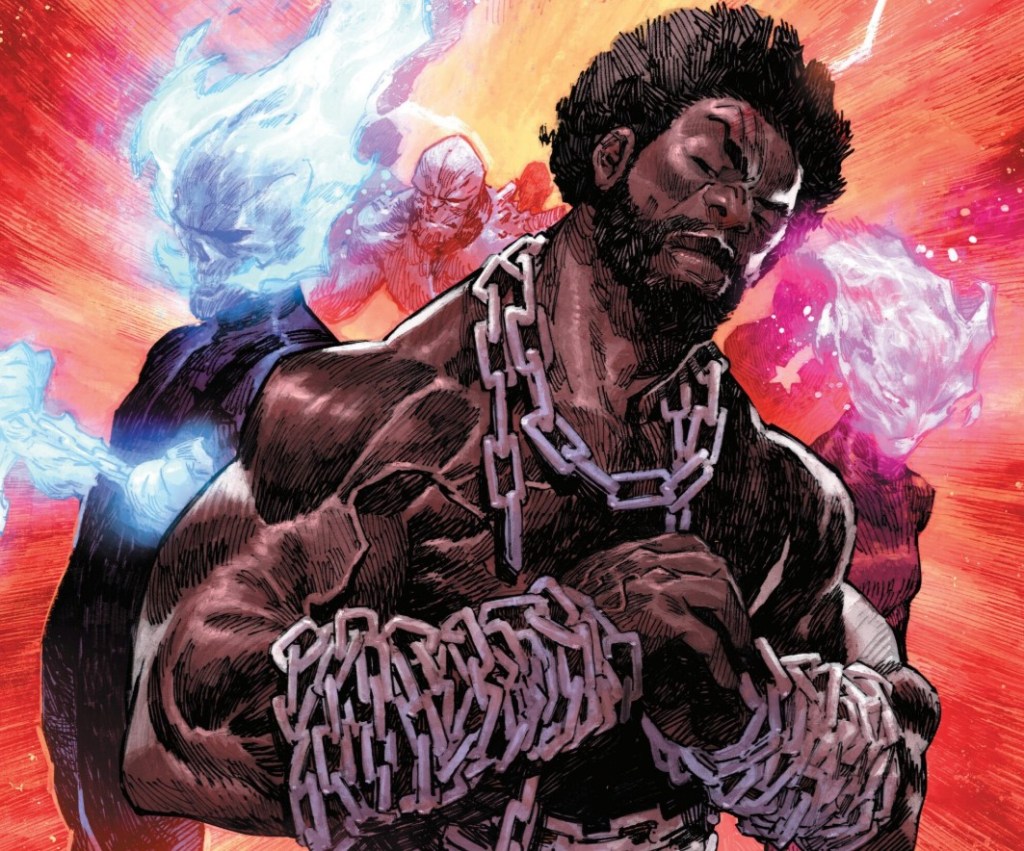 Cover of The Ultimates 21 with Luke Cage dressed in chains next to Penance