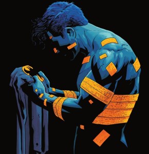 A bandaged Bruce Wayne stands looking down at his costume in Batman Dark Patterns from DC Comics