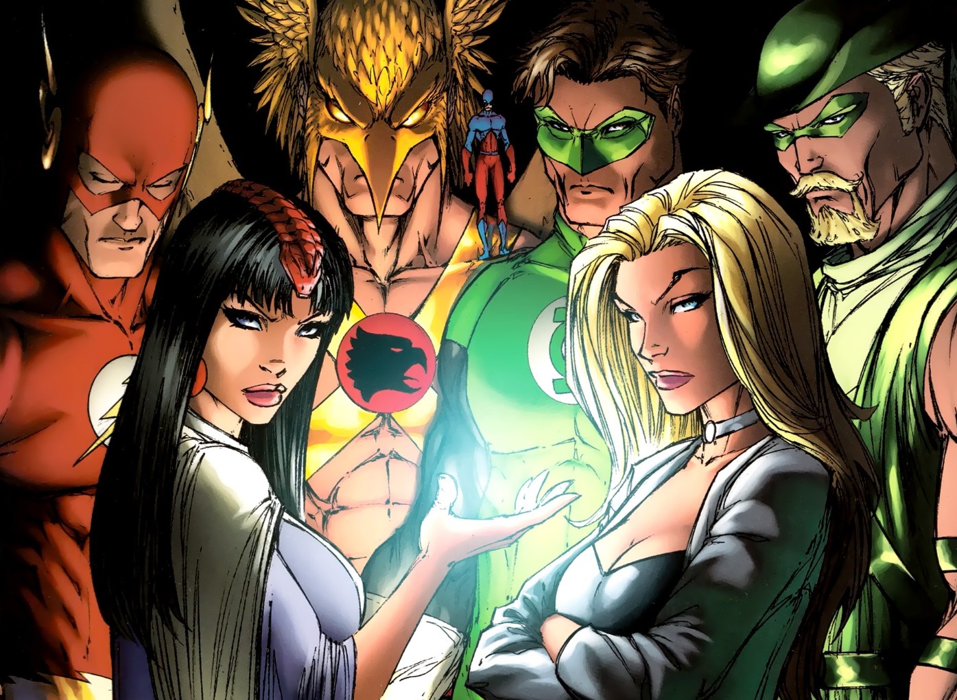 Flash, Zatanna, Hawkman, the Atom, Green Lantern, Black Canary, and Green Arrow on the cover of Identity Crisis 2, art by Michael Turner