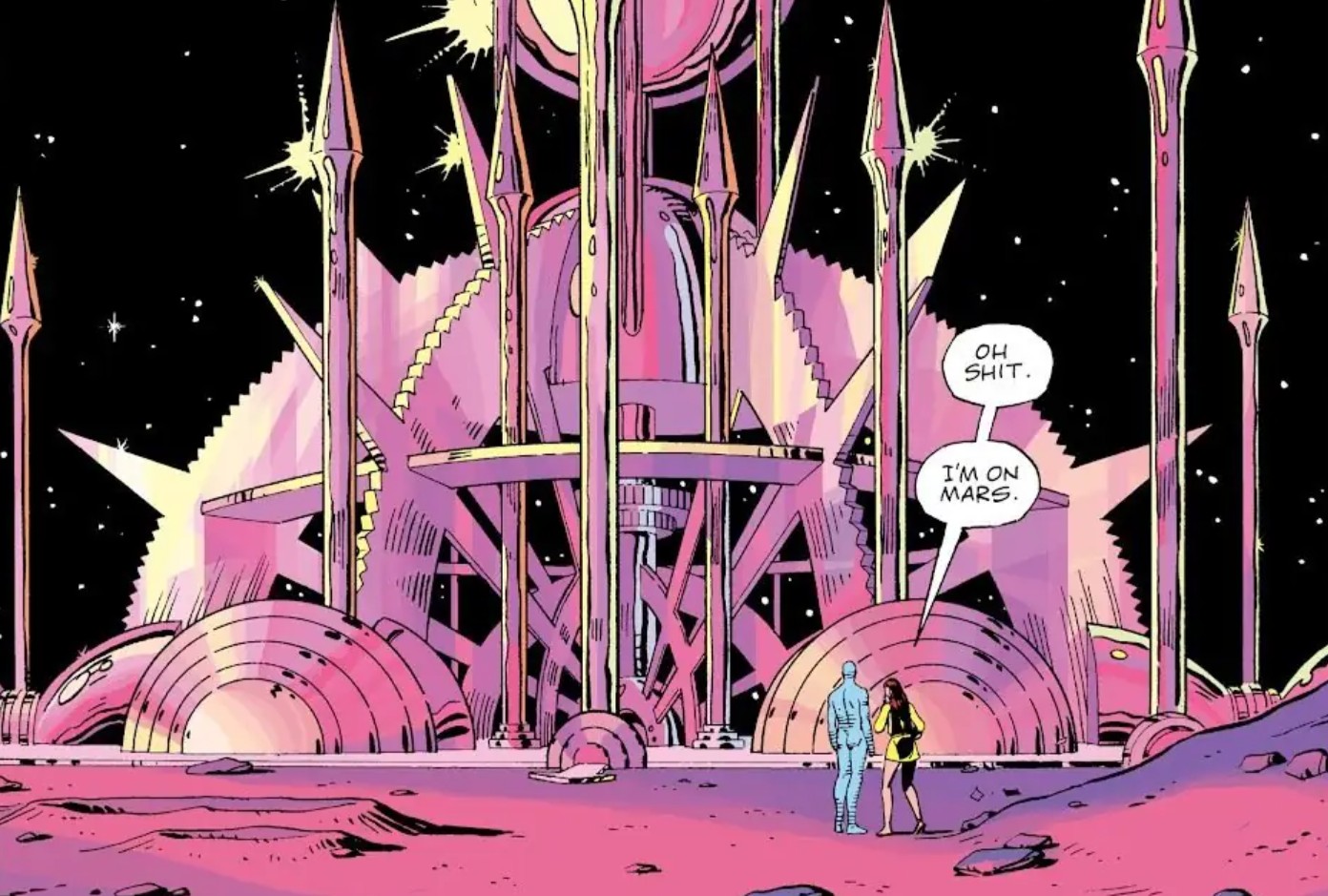 Lauri and Jon on Mars in front of a crystal palace in Watchmen